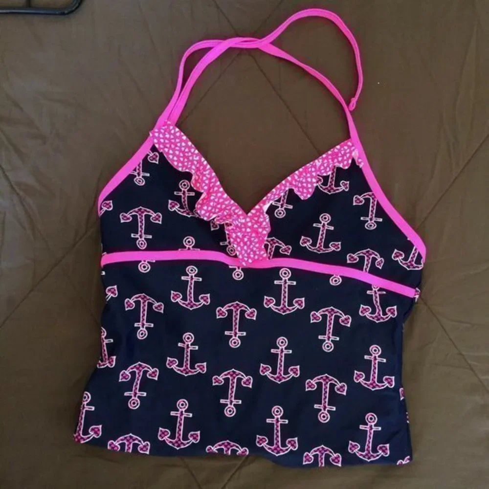 Xhilaration Bikini Top Size Large Childrens  Tankini 10/12 Pink Black Swim Suit